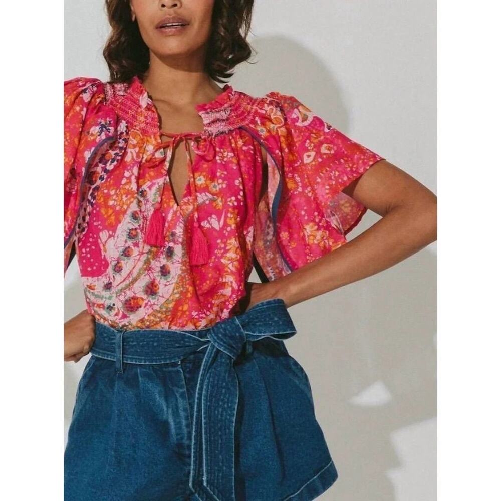 Cleobella Ayaz Hibiscus Print 100% Organic Cotton Blouse Top Sz S Pink Floral